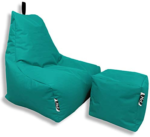 PATCH HOME Sitzsack Lounge Sessel + Würfel/Hocker mit Reißverschluss Gamer Sitzkissen fertig mit Styropor Füllung befüllt H:90cm | T:78cm | B:82cm + 35x35cm Würfel Türkis