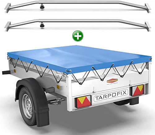 Tarpofix® Telo per rimorchio auto 209 x 115 x 10 cm + 2 Staffa per telone (regolabile 100-145 cm) - Copri rimorchio in materiale PVC - Telo PVC per vari rimorchi auto da 750kg