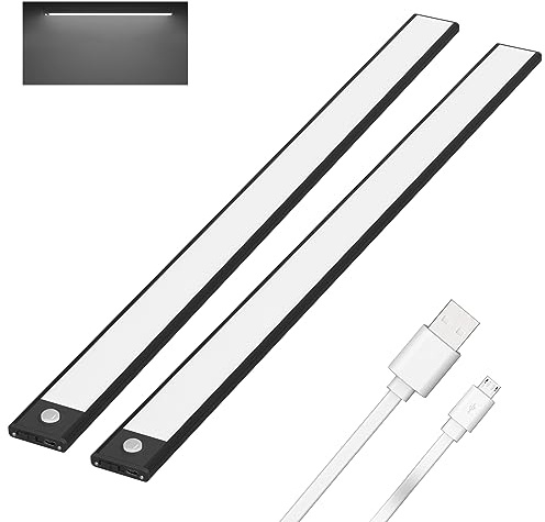 Klighten 2 Stück 60cm Schrankbeleuchtung mit Bewegungsmelder, Unterbauleuchte Küche LED 230LM, 3200 mAh Batterie, Auto/ON/OFF, USB Aufladbar, Magnet Schranklicht, 6000K Kaltweiß, Schwarz