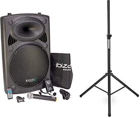 Ibiza Sound PORT15VHF-BT Sistema de sonido portátil y autónomo de 15/38 cm, 800 W + Pronomic 16445Soporte de caja de aluminio