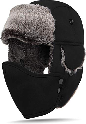 Fliegermütze Wintermütze Fellmütze Uschanka Russian Style (M-XL) Farbe Dunkelschwarz Größe XXL