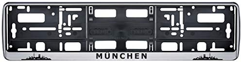 Auto Kennzeichenhalter München Skyline in der Farbe Silber/Schwarz Nummernschildhalterung Auto, Nummernschildhalter Fanartikel 2 Stück