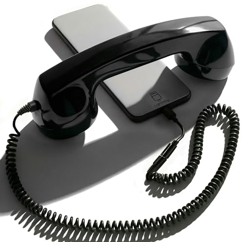 Opis Technology 60s Micro Lightning Edition Retro-Telefonhörer für iPhone 7 bis 14, inkl. MFi-zertifiziertem Lightning-Adapter, 3,5-mm-Klinke, Schwarz