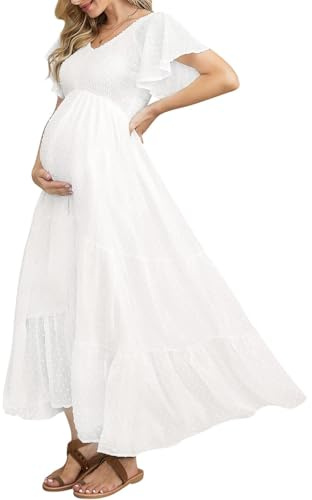 Vestido de Maternidad con Lunares suizos para Baby Shower, sesión de Fotos, Casual, Cuello en V, Manga con Volantes, Cintura Imperio, Vestido Bohemio Escalonado, b Blanco, Medium
