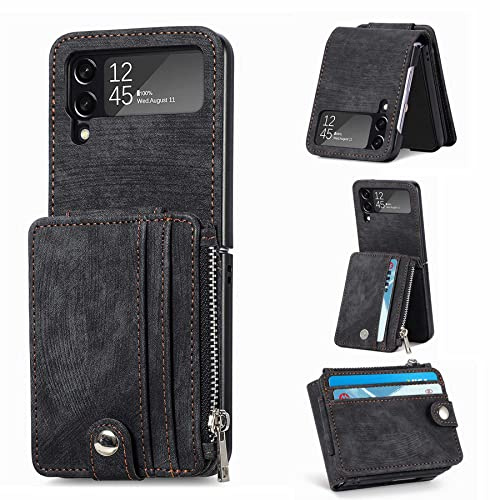 ZCDAYE Hülle für Samsung Z Flip 4 Handyhülle mit Kartenetui,Schwarz | PU Leder Handytasche, Praktische Geldbörse mit Kartenhalter, Bequeme Handy Tasche Schutzhülle Elegante Klapphülle Case