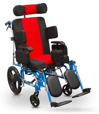 QUIRUMED - Silla de Ruedas Neurológica Plegable y Ligera | Ajustable en Respaldo hasta 85° y Reposapiés | Sistema Antivuelco | Brazos Rectos Desmontables, Azul y Negro