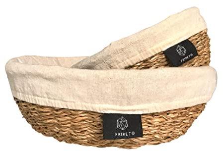 FRIHET Brotkorb Seegras 2er Set handgeflochten | Brotkörbchen rund mit Leineneinsatz | Obstkorb Brötchenkorb Schlüsselschale | Körbchen Aufbewahrung