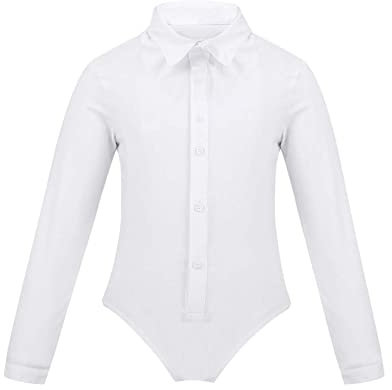 inlzdz Kinder Jungen Hemdbody Bodysuit mit Fliege Langarm Tanzbody Latin Leotard T-Shirt Wickelbody Smoking Body Tanzkostüme Dancewear A Weiß 146-152