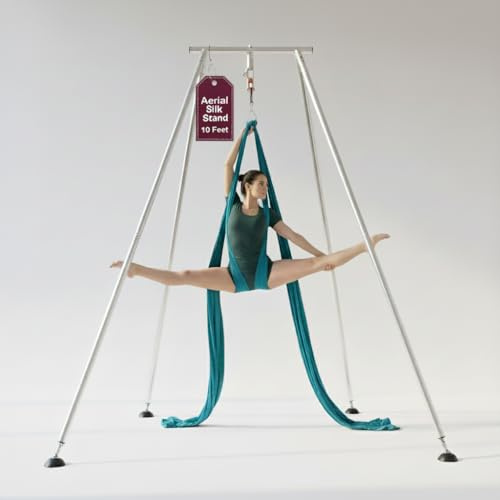 Houseables Aerial Silks, Aerial Yoga Stand, Yoga Swing Stand, Ariel Silks For Home, Ariel Swing, 10 FT Steel Frame, 13 YD Teal Fabric, Hammock, Gymnastics, Acrobatics, Indoor, Equipment Set, Portable