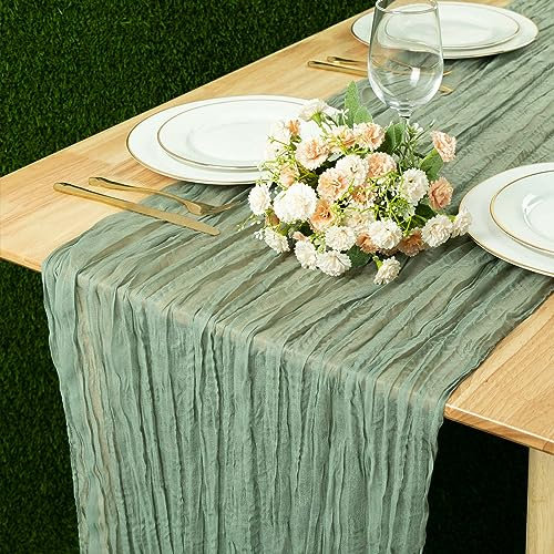 Kesfey Lot de chemins de table en mousseline de sauge de 90x400 cm - 3,97 m de long - Tissu en mousseline rustique bohème - Napperons en tissu fromage de sauge vert pour décoration de fête prénuptiale