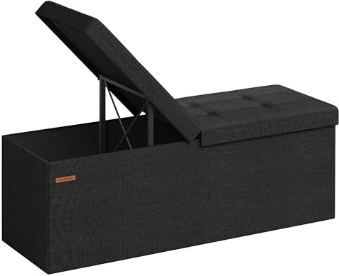 SONGMICS Bänk med förvaringsutrymme, hopfällbar bagageutrymme, förvaringslåda, 38 x 110 x 38 cm, vikbart lock, lastkapacitet upp till 300 kg, för hall, vardagsrum, sovrum, svart LSF076B01
