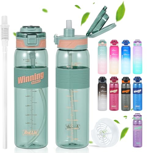 SEASEVEN 1L Wasserflasche mit Strohhalm, Kunststoff-Getränkeflasche, 1 Liter Sportwasserflaschen mit Zeitmarkierungen, Mädchen-Jungen-Wasserflasche, auslaufsicher und Bpa-frei, für Fitnessstudio, Sc