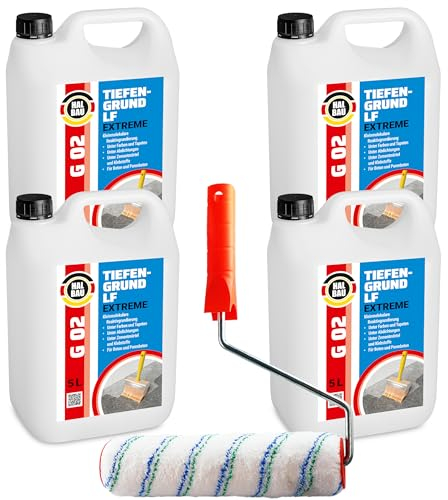HALBAU Tiefengrund 20 L mit Kaliwasserglas, Silikatgrundierung für Innen, Aussen, Beton, Farben, Tapeten + Farbroller 25cm mit Bügel, Set G02