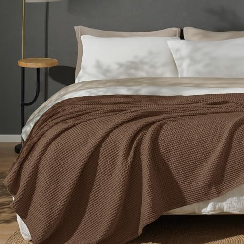 PHF 100% Cotton Waffle Weave Blanket Queen Size for Bed,Snag Proof Lightweight Breathable Moisture-Wicking Throw for Couch,Great for Layering in Cold Weather,Machine Washable, Home Decor-Cappuccino