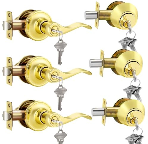 NIZADO 3 Pack Entry Door Knob and Deadbolt Lock Set, Double Cylinder Deadbolts, Keyed Alike Exterior Door Lock Sets, Brass Wave Reversible Handle