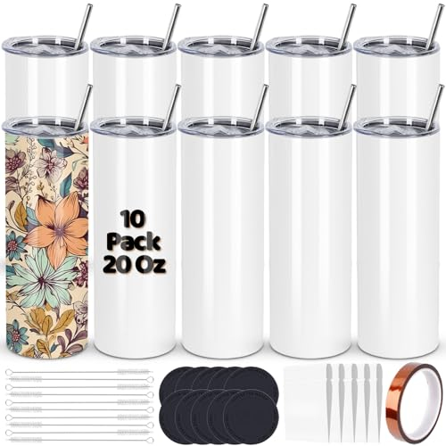 Maucircol Paquete de 10 vasos de sublimación a granel, vasos de sublimación de 20 onzas en blanco, vasos de sublimación de acero inoxidable con tapa y popote, envoltura retráctil, papel de