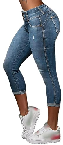 Flamingals Jeans Capri pour Femme - Pantalon Capri en Denim déchiré Extensible avec Boutons - Taille mi-Haute, Bleu Moyen., Taille XL