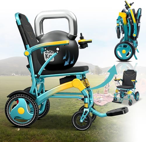 Bueuwe 30km Fahrstrecke Elektrorollstuhl, Rollstuhl Elektrisch Faltbar, Sitz 42 cm Elektrischer Rollstuhl für Erwachsene, All-Terrain-Rollstühle, zwei 180-W-Motoren, Aluminium, Nettogewicht 16,8KG,15a