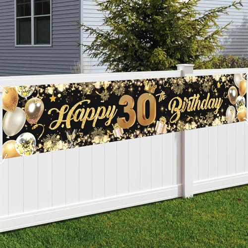 GROVBLE 30. Geburtstag Banner, Deko Schwarz Gold, Hintergrund für Männer und Frauen, Party Dekorationen und Zubehör, 210 x 40cm