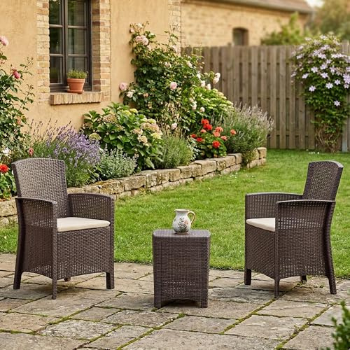 Dmora - Lounge-Set für den Außenbereich Jupiter, Gartenset mit Kissen, Lounge-Set für den Innenbereich in Rattan-Optik, 100 % Made in Italy, Braun
