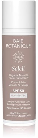 Protector solar facial mineral SPF 50 - Protección UV de óxido de zinc - Amplio espectro UVA UVB - Resistente al agua (40 minutos) - Con ácido hialurónico y vitamina C - Vegano, sin fragancia - 70g