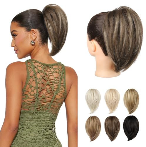 REECHO Ponytail Extension, kurzer glatter Ponytail Extension, Haarkrallen Dutt Haarteil unordentlicher Dutt natürliches Kunsthaar falscher Pferdeschwanz Haarverlängerung für Damen