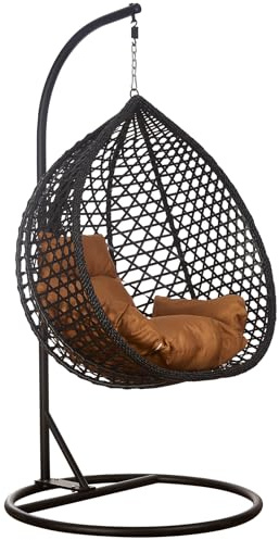 RAMROXX Luxus Hängesessel Style XXL Rattan Korb Gestell Schwarz mit Relaxkissen Braun