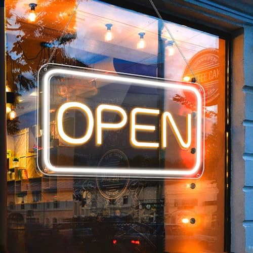 LightingWill Open Neon Schild, 5V USB Open Schild LED mit Ein/Aus, Open Leuchtreklamen für Business Light Up Sign für Bar, Salon, Store, Cafe, Shop, Club, Gelb/Weiß, Horizontal
