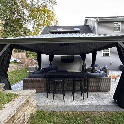 PURPLE LEAF Tonnelle de Jardin Extérieur 4,25 x 6 m avec Éclairage Extérieur Intégré de 29,2 m, Pergola à Double Toit en Aluminium Permanent Robuste avec Rideaux et Moustiquaire, Gris Clair