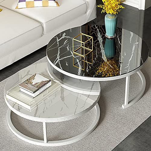 IUBGFTO Satztische, einfache Wohnzimmertisch-Sets, Sofa-Beistelltische in Marmoroptik, runde Beistelltische mit schwarzem Metallrahmen, Heimdekor-Sets,White Frame-80cm+60cm