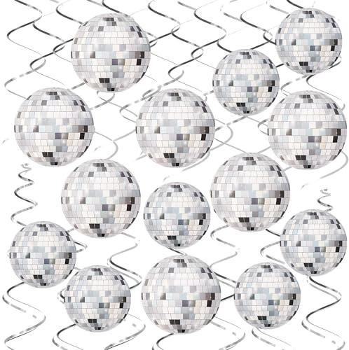 Bola Discoteca Decoración Plateado, Kaluofan 34 PCS Bola Discoteca Giratoria Cuelgan Mantas, Decoración de Fiestas de Discoteca de Los 70, Decoración de Discoteca de Colores Cuelga Espiral, Cintas