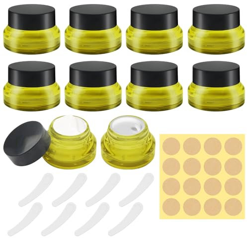 8 Pack Amber Glass Jars 15ml, Empty Cosmetic Jars with Lids, 6 Spatula & 16 Labels, Green Travel Cosmetic Containers Lotion Storage Jar for Creams, Lotion, Ointments, Gel Storage