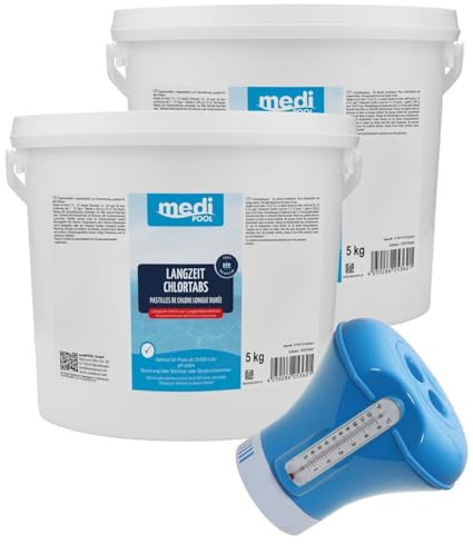Medipool Wasserpflegeset Langzeit ChlorTabs (je 200g), 2X 5 kg Langzeit Chlortabletten und Dosierschwimmer