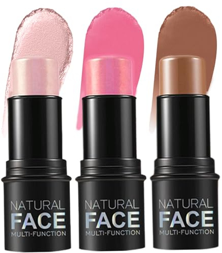 Contorn Stick 3 piezas de 3 piezas, colores, acabado natural de rubor largo y duradero, maquillaje de rescate de múltiples múltiples puestos de rubor para mejillas, labios, toda piel