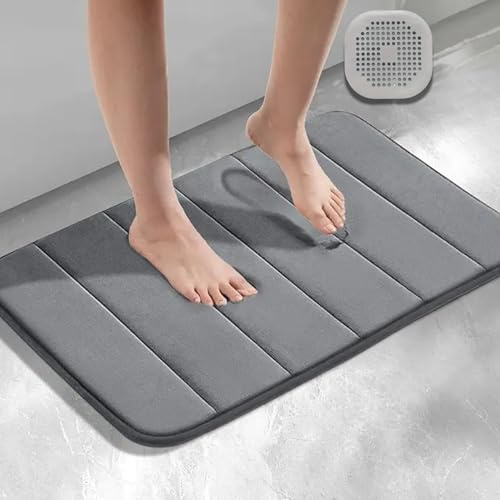 Perfect Blendz Memory Foam Bath Mat 60x40 with Hair Catcher Drain Cover– Extra Soft Non Slip Bathroom Shower Mat, Absorbent Quick Dry Bath Rug, Grey