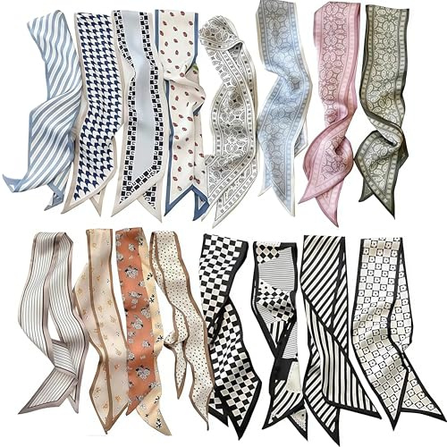 Xanthelle Foulard di seta, 16 pezzi, alla moda, per donna, sciarpa sottile per borsa e fazzoletto per capelli, panno di seta in raso boho per borse accessori