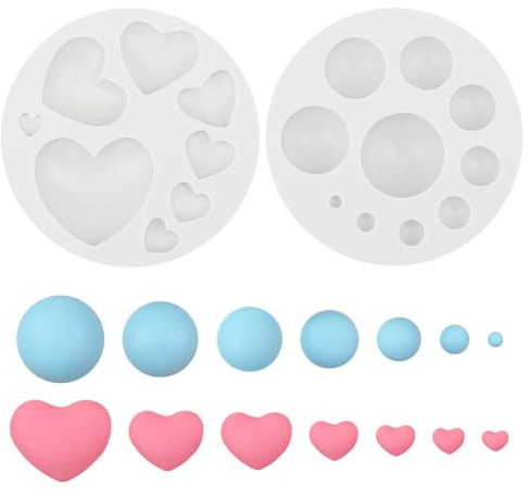 HOBBIESAY 2PCS Polymer Clay Molds for Jewelry Making Half Round Ball and Heart Shape Polymer Clay Earring Tools Cutters Silicone Clays Half Sphere Maker Silicone Craft Earring Making Supplies