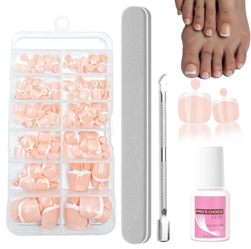 120pcs Toe Nails False Kit - French Tip False Toenails Kit - Square Nude Fake Toenails In 12 Sizes With Nail File Set - White French Tip Design For Vacation & Party