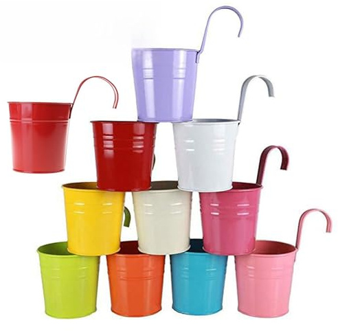 Xjdzineq Vaso da fiori in ferro con manico a gancio per appenderlo, piccolo vaso per piante da giardino, balcone, campagna, atmosfera rurale, vaso per fiori, scatola per interni