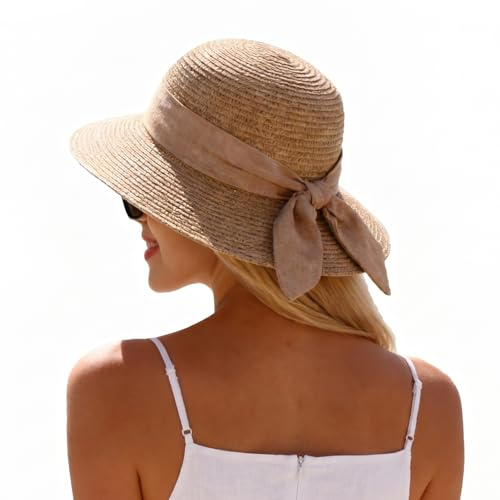 SUKUTU Women Straw Sun Hats Foldable Floppy Bowknot Straw Hats Wide Brim Summer Beach Cap with Chin Strap for Vacation Travel