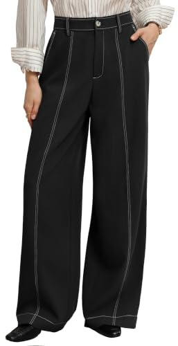 GRACE KARIN Pantalones de pierna ancha para mujer, pantalones elegantes con bolsillos y costuras en contraste, cintura elástica, Negro, S