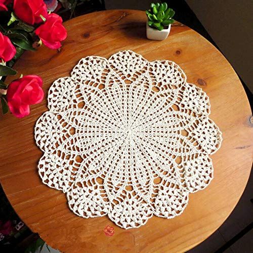 USTIDE 2 manteles individuales de algodón hechos a mano con encaje de ganchillo, decoración de mesa vintage, redondos, beige, 15 pulgadas