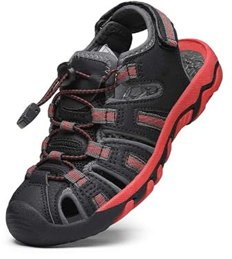 DREAM PAIRS Boys Girls Summer Outdoor Athletic Sport Sandals Walking Hiking Hook and Loop Adjustable Multicolor for Toddler/Little/Big Kids,Size 11 Little Kid,Black/Grey/Red,160912-K