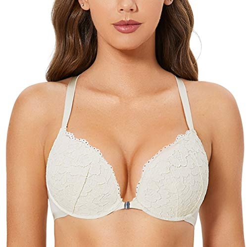 DOBREVA Women's Push Up Bra Support Racer Back Front Fastening Lace Padded Plunge Underwired Bra Ivory 36B