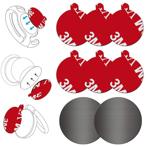 Lot de 6 adhésifs de Rechange 3M pour Support de Voiture Compatible avec Prise de Courant, Adhésif Double Face avec plaques métalliques pour Support de téléphone magnétique, Prise en Main Pliable