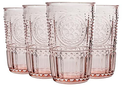 Bormioli Rocco Romantic Highball Glasses Set - Vintage Italian Cut Glass Cocktail Tumblers - 340ml - Pink - Pack of 12