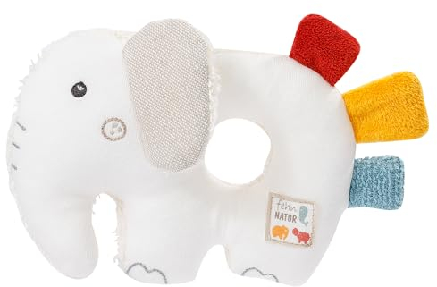 Fehn 056075 Ring-Greifling Elefant fehnNATUR – Bio-Babyspielzeug mit Rassel und Raschelpapier für Babys und Kleinkinder ab 0+ Monaten – Größe: 14 cm