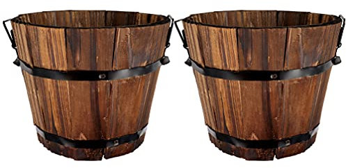 2pcs Rustic Wooden Whiskey Barrels Bucket Wooden Flower Bucket Plant Pot Outdoor Plant Container Farmhouse Decor
