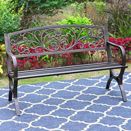 MFSTUDIO 127 cm utomhus trädgårdsbänk, gjutjärn metallram uteplats park bänk med blommönster ryggstöd, bågben för veranda, gräsmatta, gård-brons