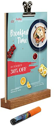 DISPLAY SALES Holz Klemmbrett Desk mit Kreidetafel, DIN A4, dunkel lasiertes Holz, Tischaufsteller